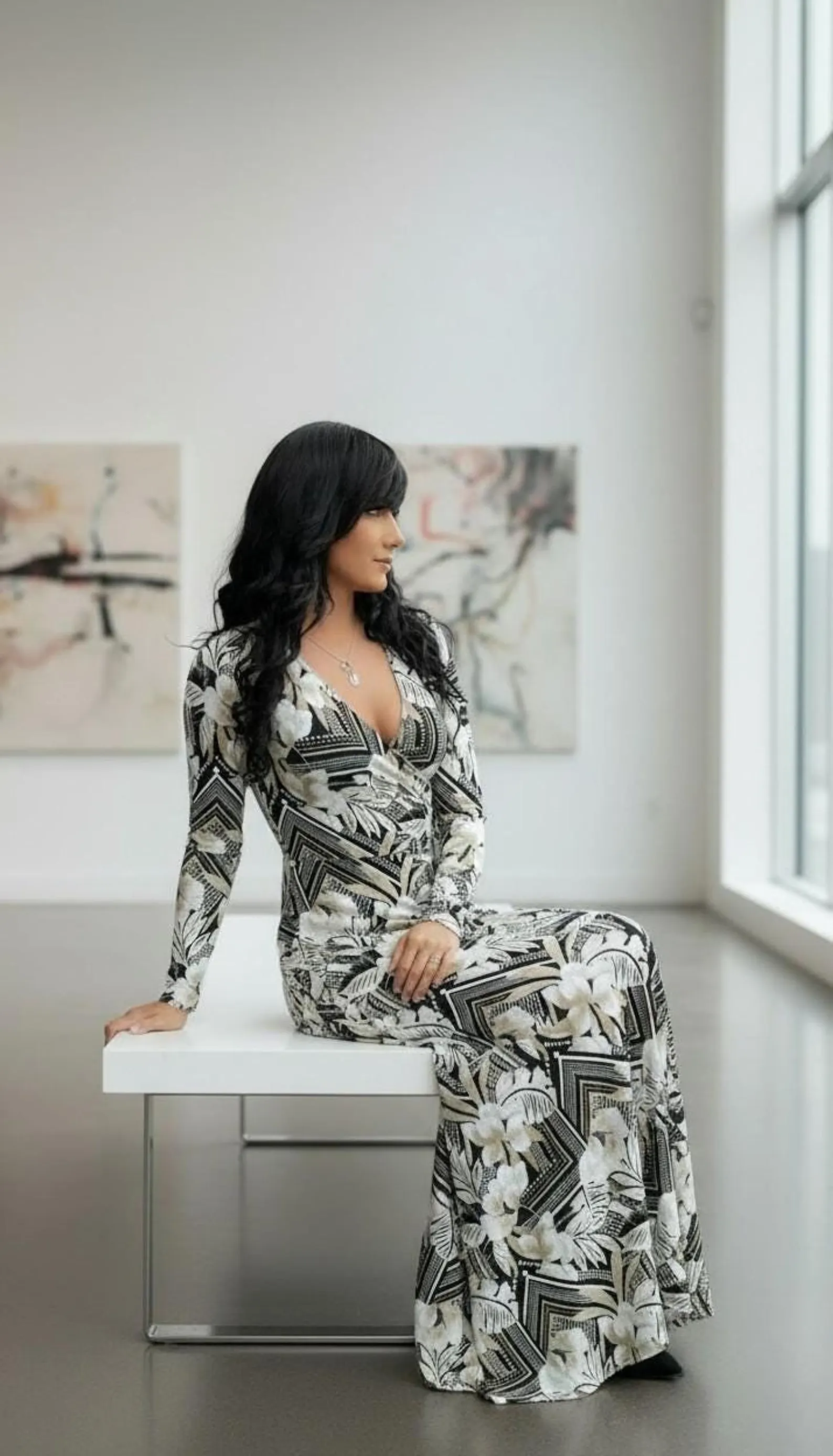 Tropical Maxi Dress, Long Sleeve Black White Taupe Style