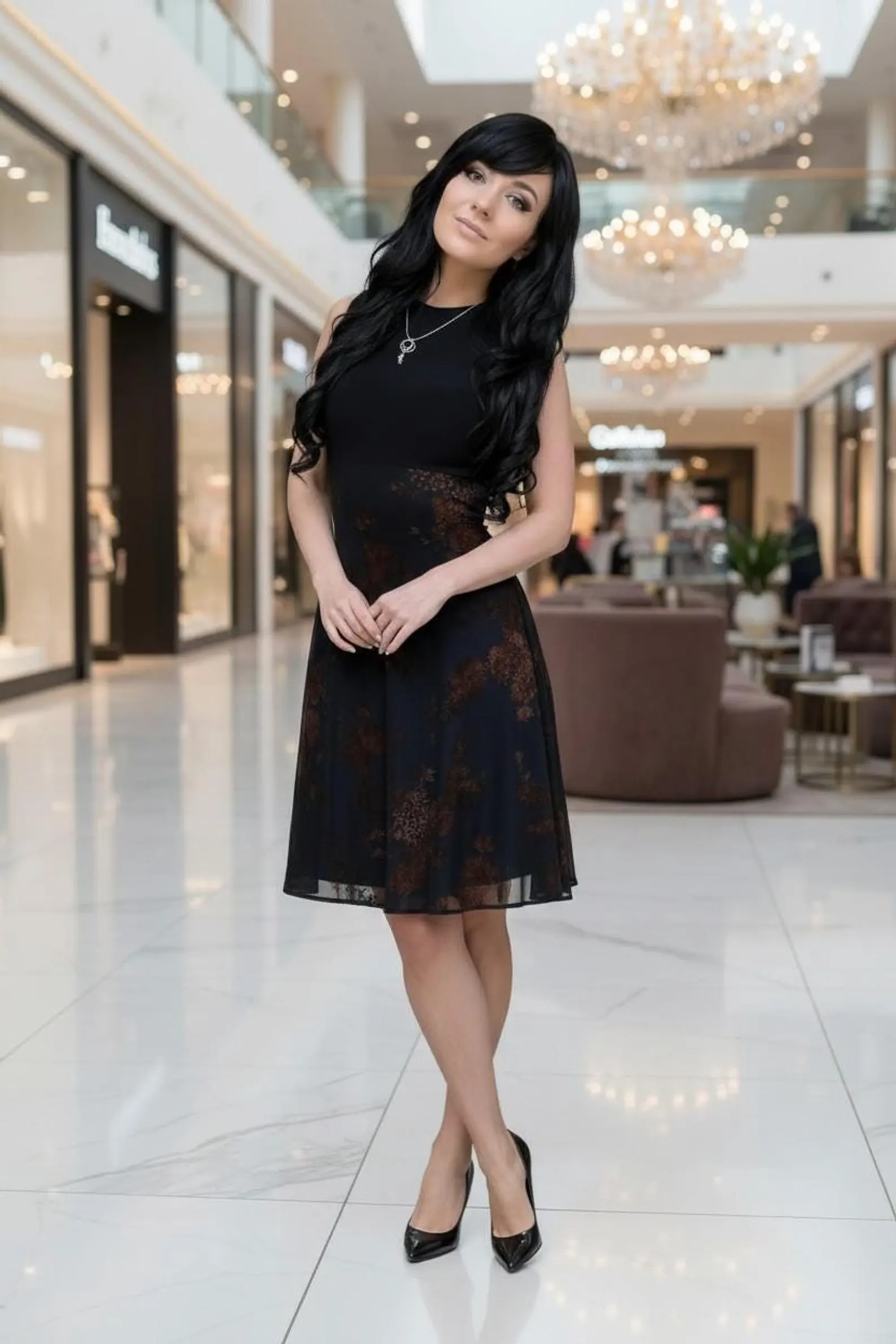 Black Mesh Dress with Velvet Floral Stencil Overlay