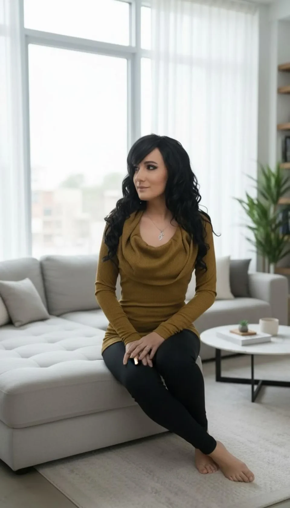 Mustard Off Shoulder Top, Long Sleeve Ribbed Cowl Neck Hoodie