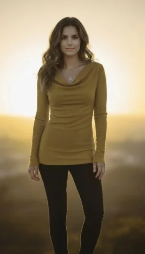 Long Sleeve Cowl Neck Top in Mustard Yellow, Soft Viscose Spandex