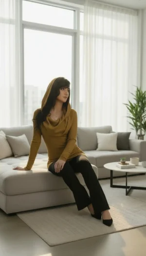 Mustard Off Shoulder Top, Long Sleeve Ribbed Cowl Neck Hoodie