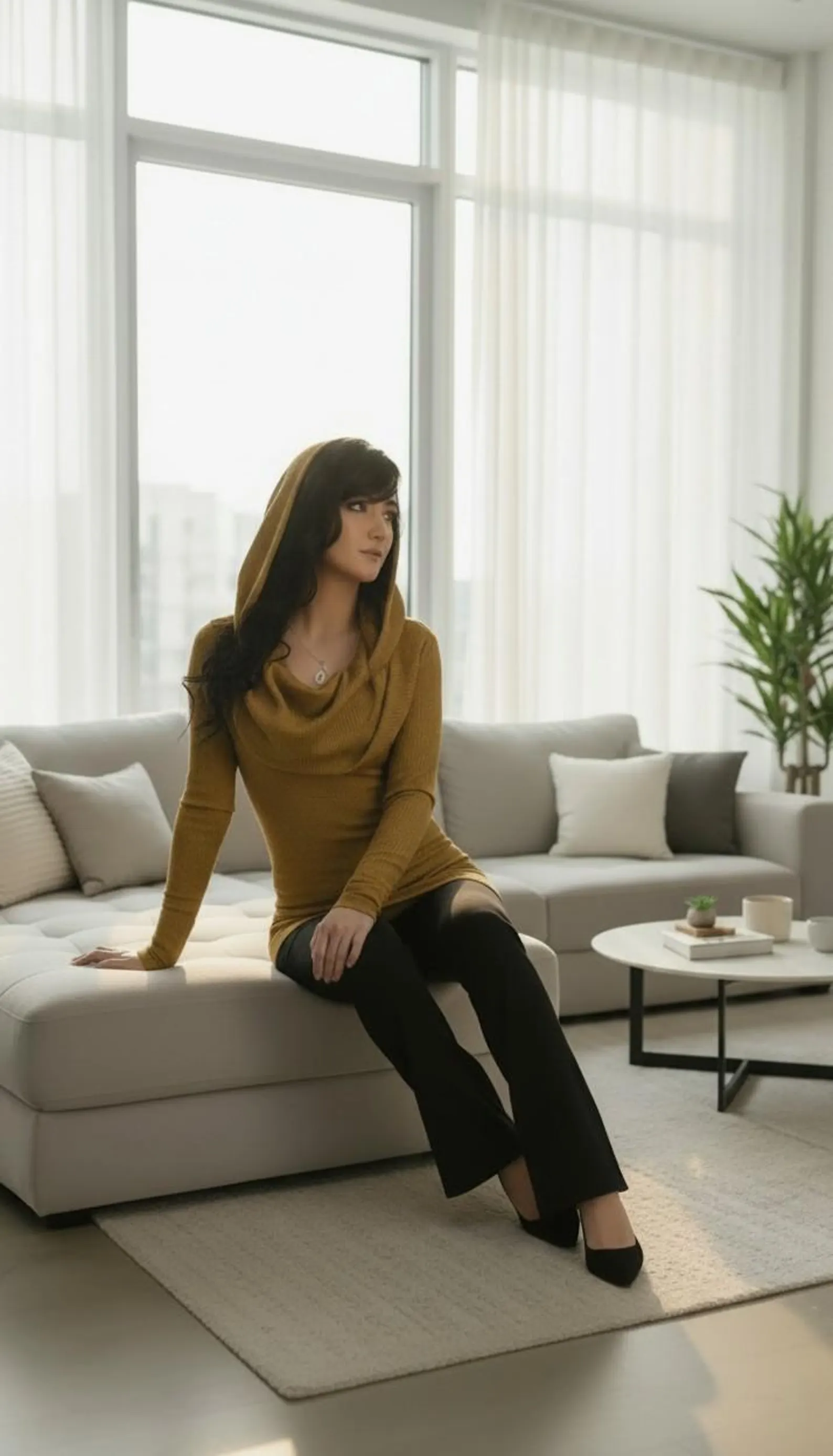 Mustard Off Shoulder Top, Long Sleeve Ribbed Cowl Neck Hoodie