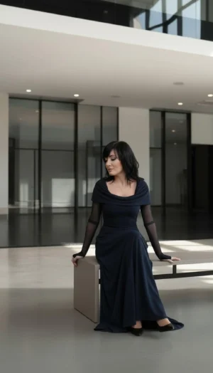 Navy blue long sleeve hooded cowl neck maxi dress.