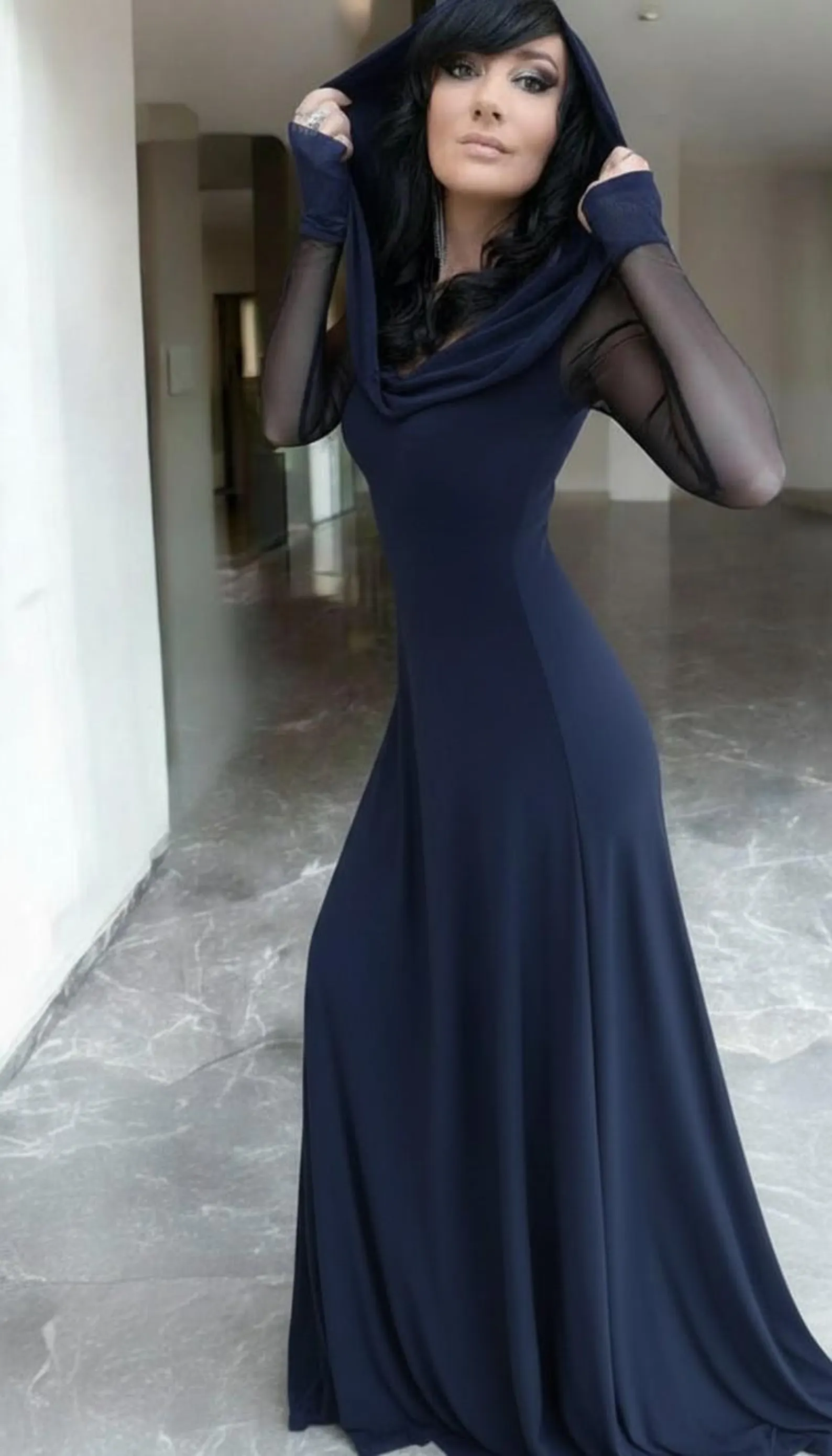 Navy blue long sleeve hooded cowl neck maxi dress.