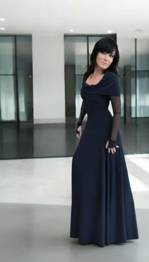 Navy blue long sleeve hooded cowl neck maxi dress.