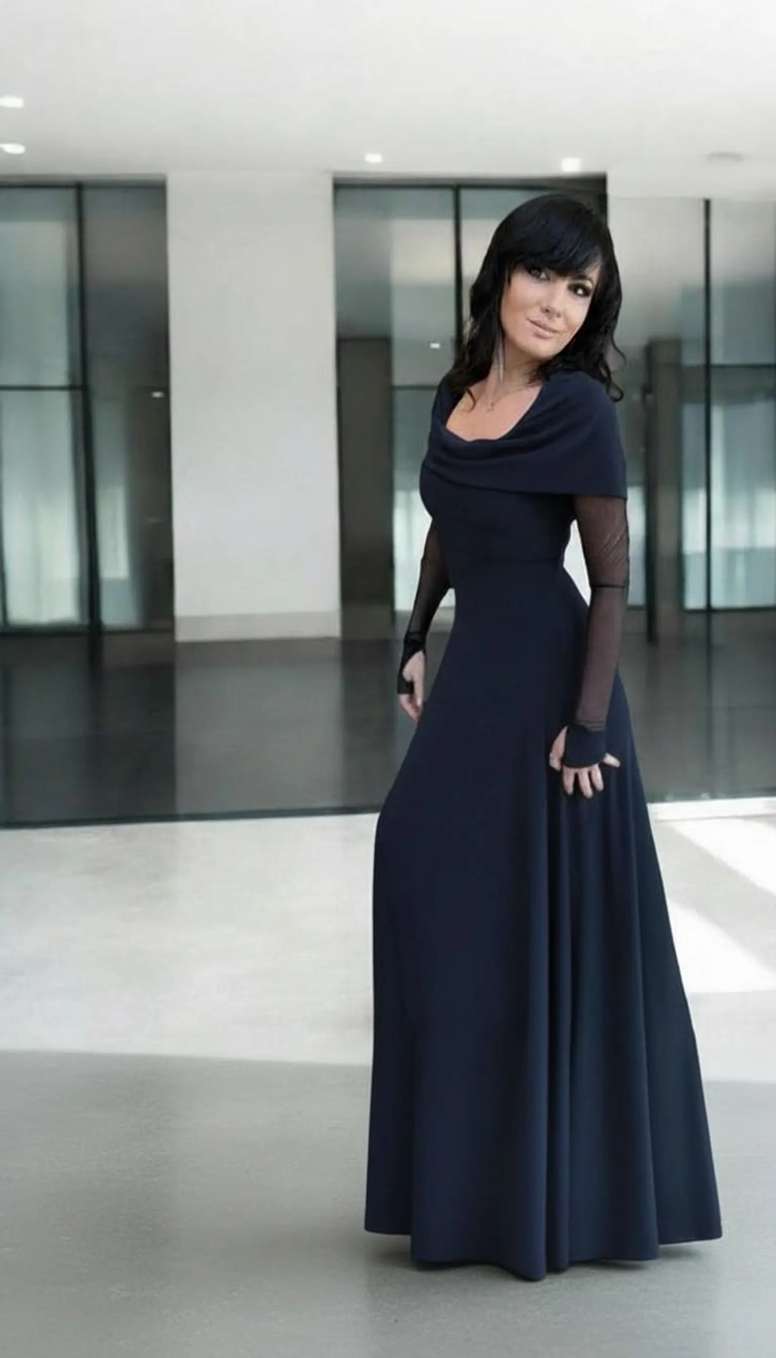 Navy blue long sleeve hooded cowl neck maxi dress.