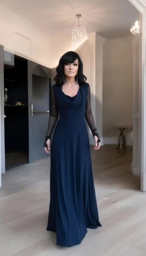 Navy blue long sleeve hooded cowl neck maxi dress.