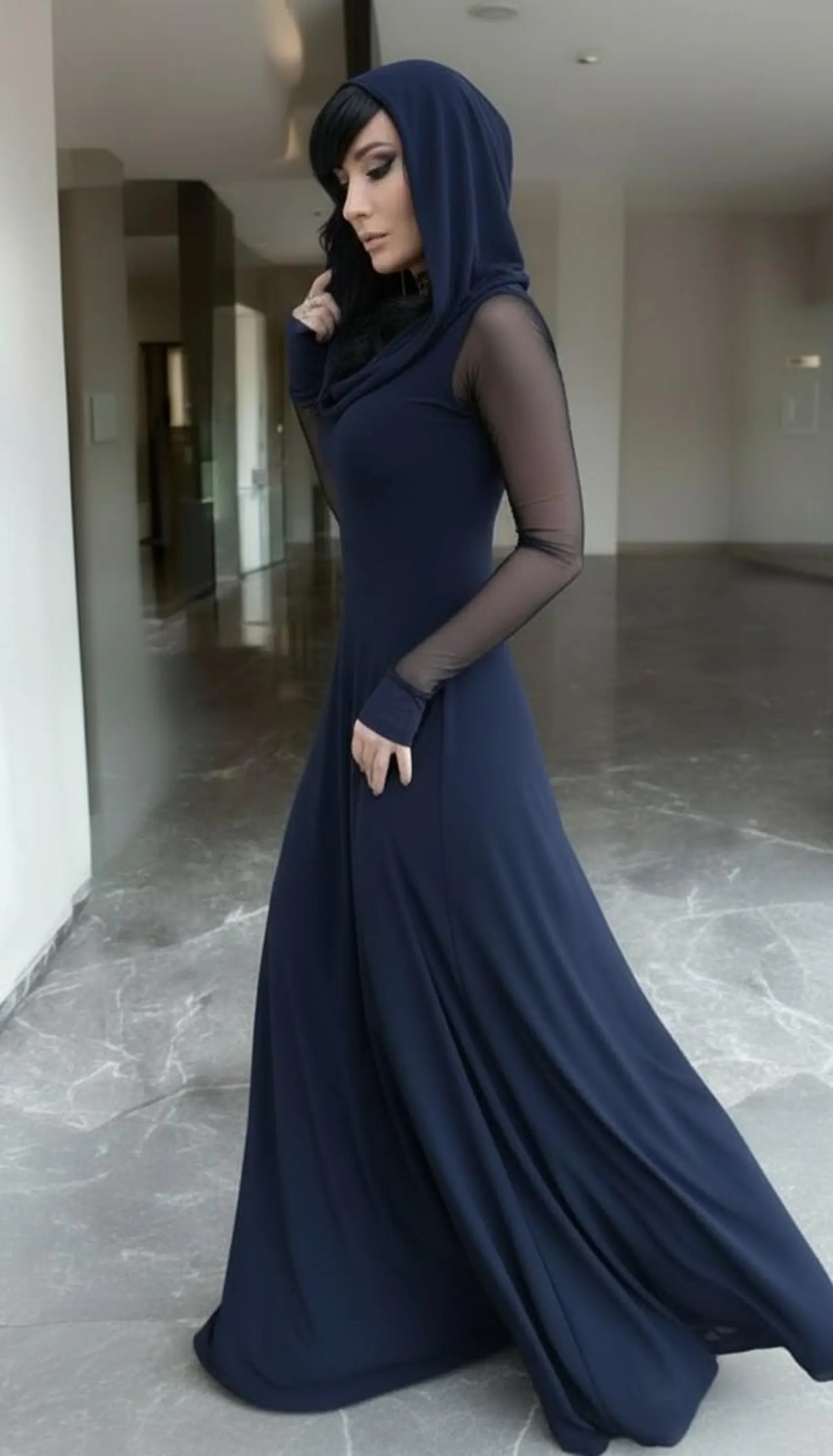 Navy blue long sleeve hooded cowl neck maxi dress.