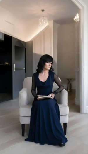 Navy blue long sleeve hooded cowl neck maxi dress.