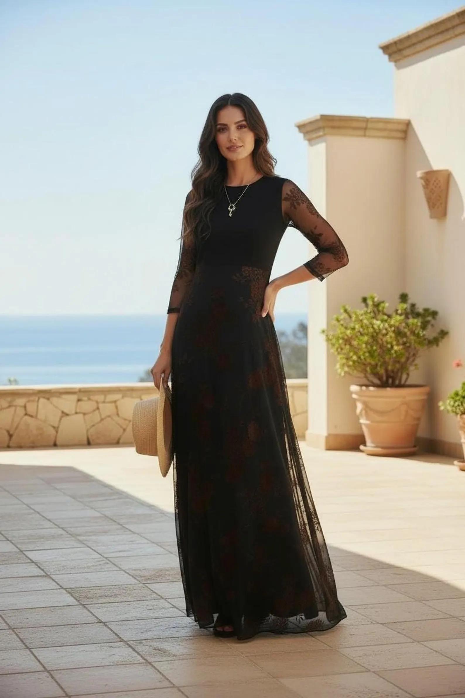 Maxi Dress with Empire Waist and Mesh Overlay in Black