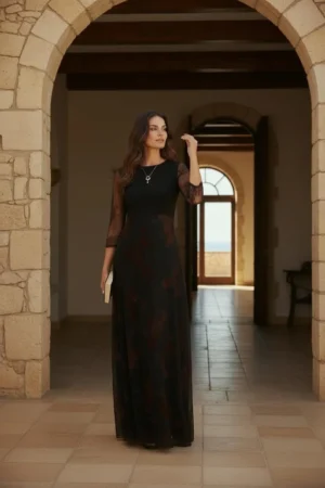 Maxi Dress with Empire Waist and Mesh Overlay in Black