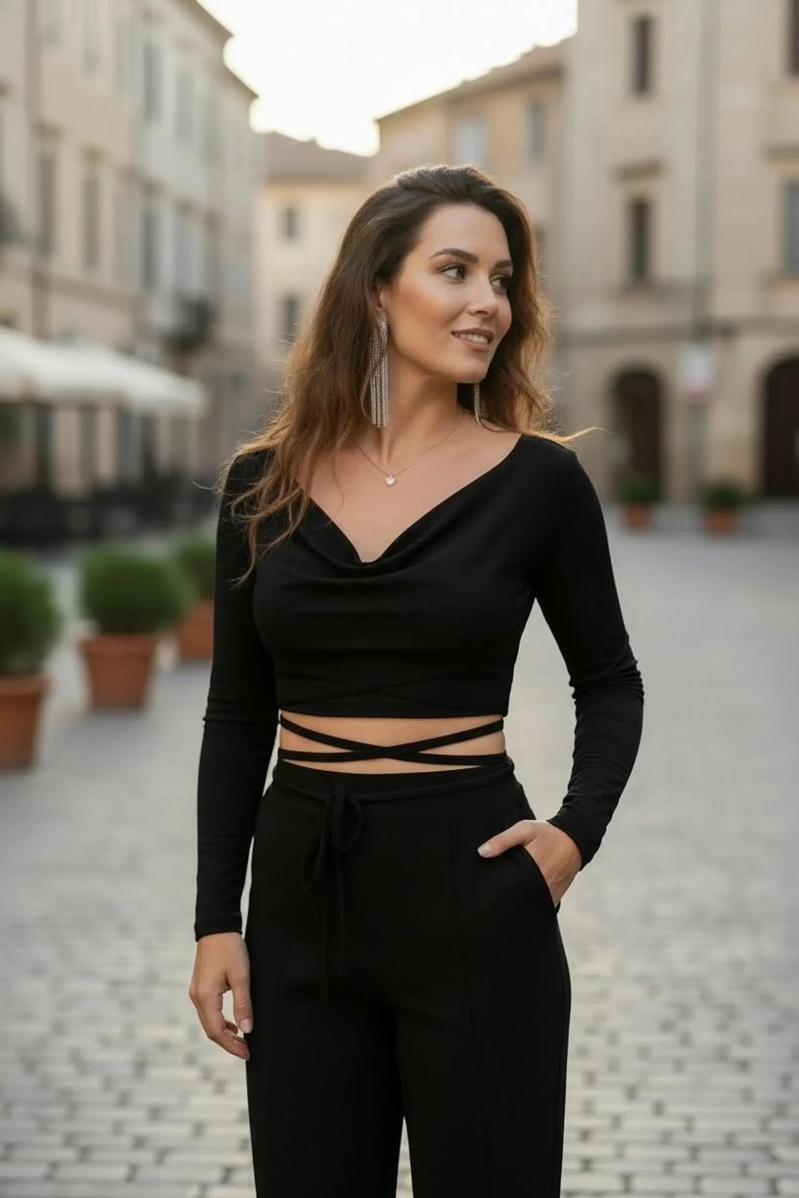 Cowl Neck Crop Top, Long Sleeve Fitted Black Top with Criss Cross Design