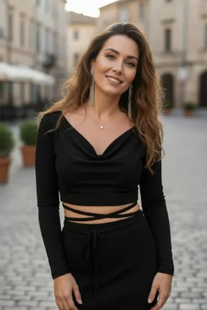 Cowl Neck Crop Top, Long Sleeve Fitted Black Top with Criss Cross Design