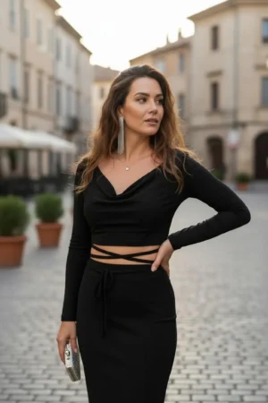 Cowl Neck Crop Top, Long Sleeve Fitted Black Top with Criss Cross Design