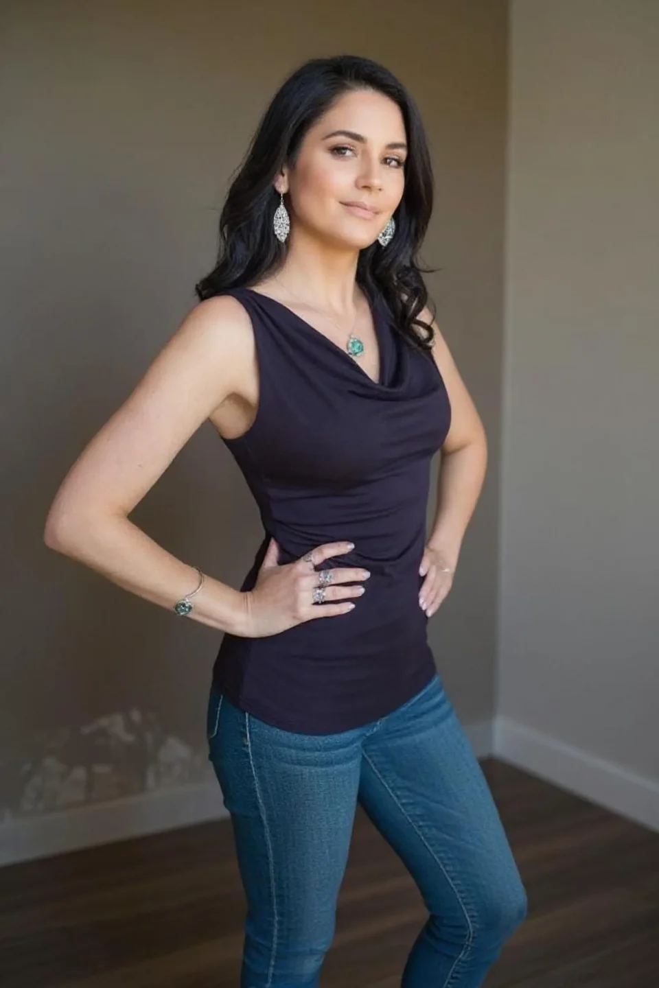 Cowl Neck Tank in Dark Purple Blue, Comfortable Fitted Top