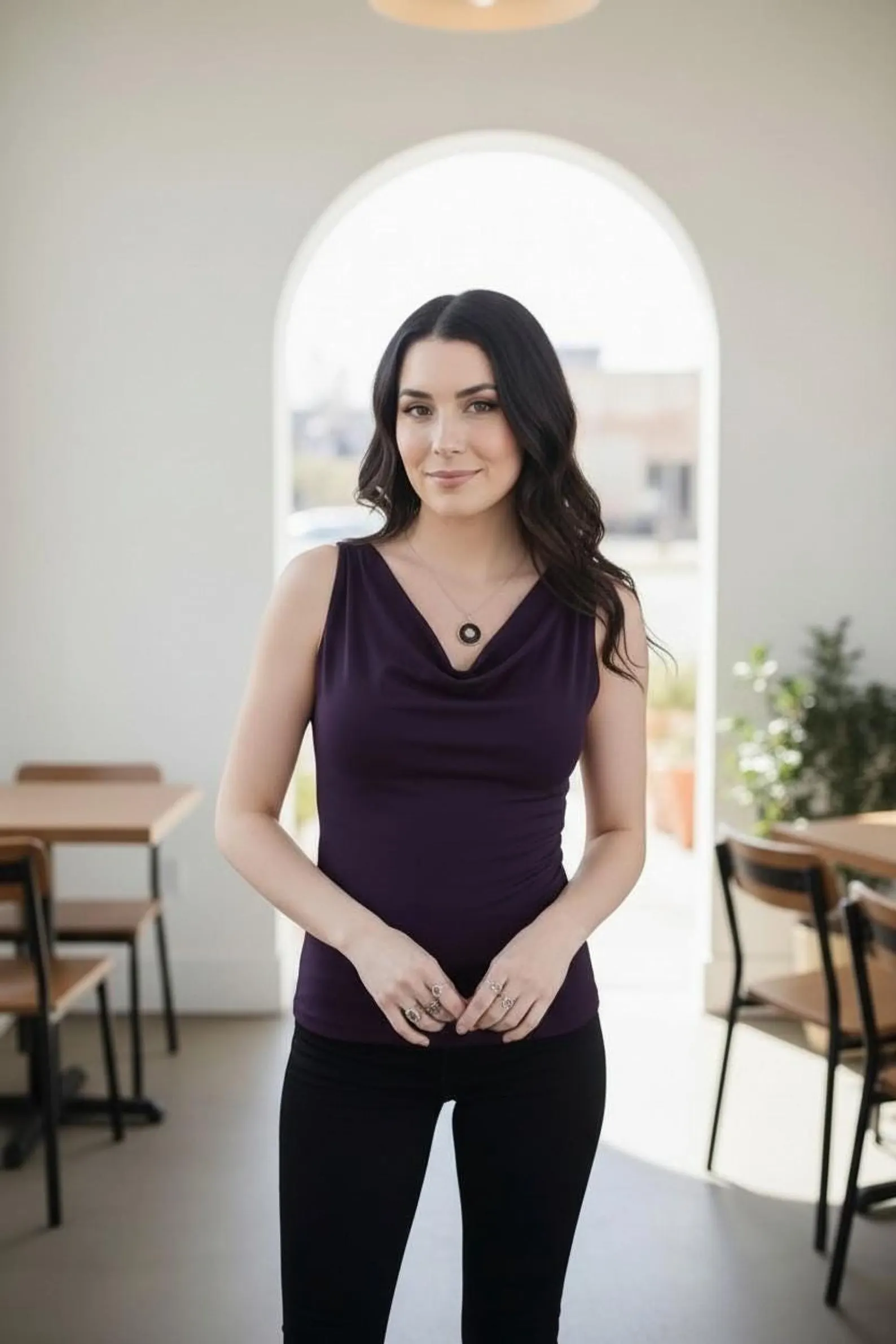 Cowl Neck Tank in Dark Purple Blue, Comfortable Fitted Top