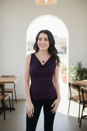Cowl Neck Tank in Dark Purple Blue, Comfortable Fitted Top