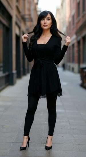 Black Cardigan with Waist Tie, Lightweight Spandex for Layering