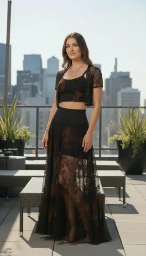 .Black Mesh Skirt with Velvet Detail and Wide Waistband