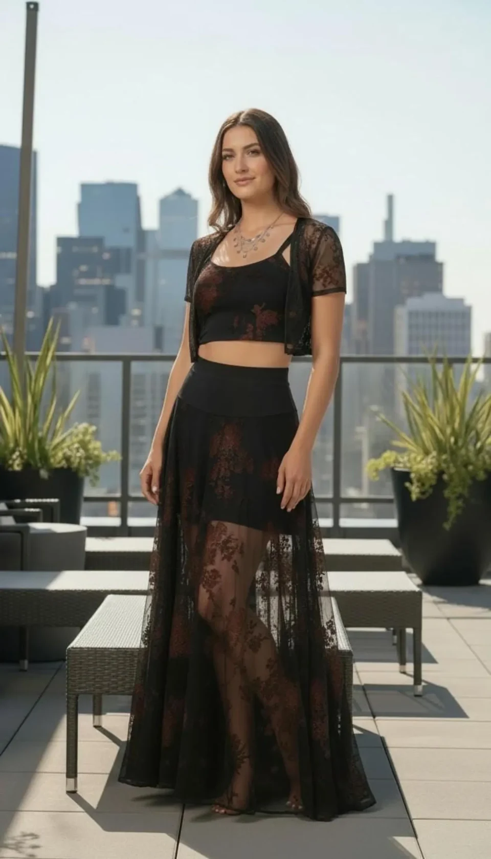 Black Mesh Skirt with Velvet Detail and Wide Waistband