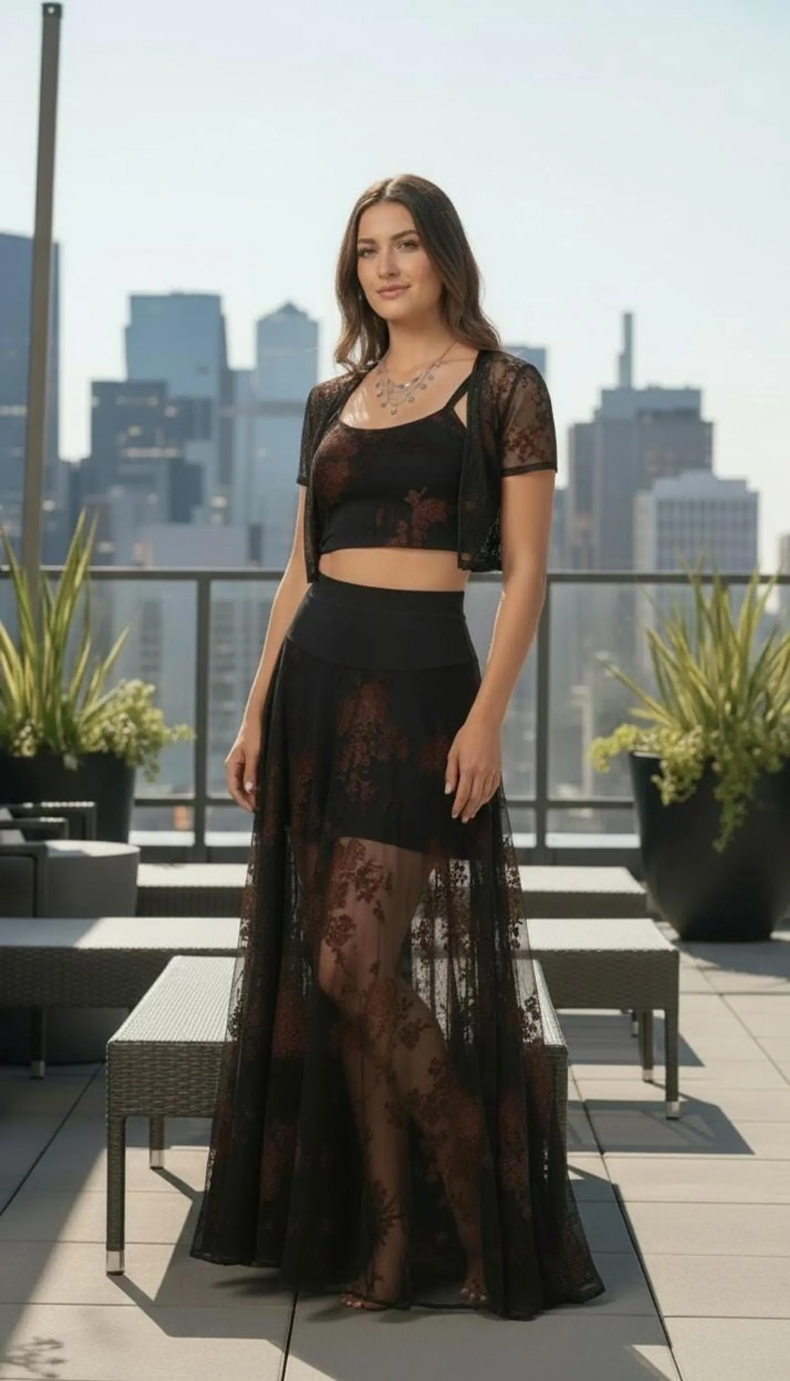 .Black Mesh Skirt with Velvet Detail and Wide Waistband