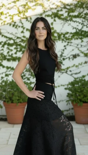 Maxi Lace Skirt in Polyester Spandex with Wide Waistband