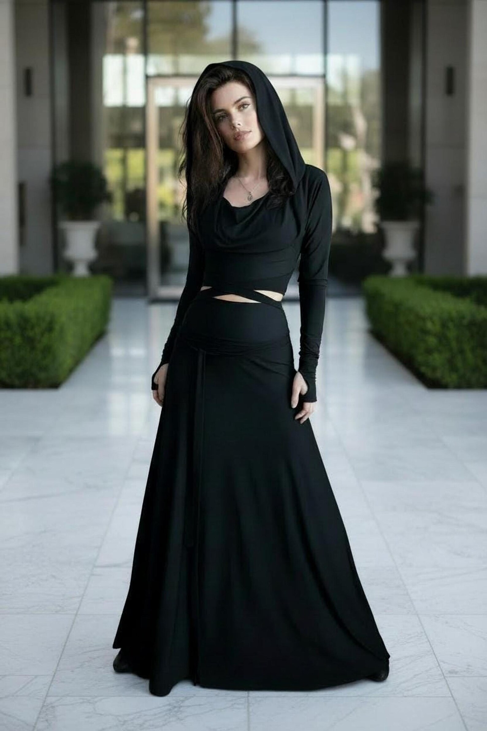 Black Bamboo Maxi Skirt with Fold Over Waistband