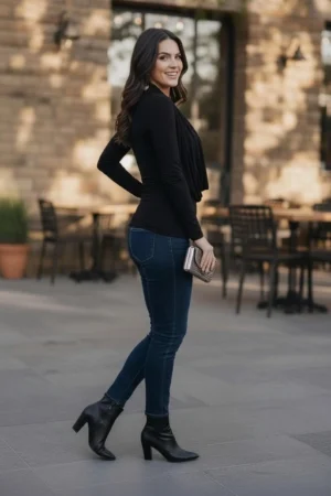 Black Cowl Neck Top with Built-In Insert, Long Sleeve Fitted Design