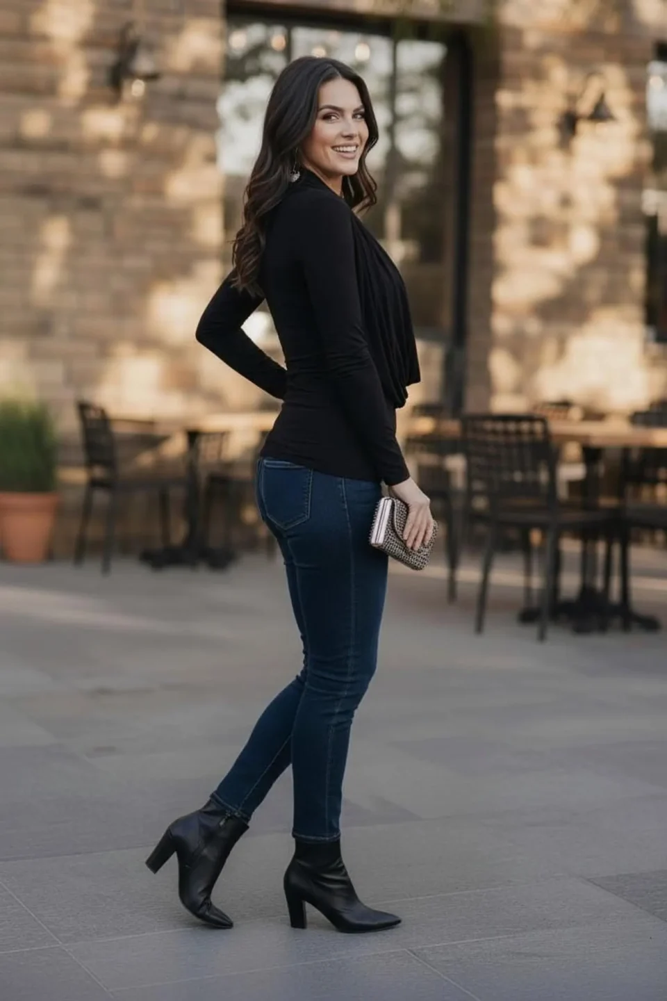 Black Cowl Neck Top with Built-In Insert, Long Sleeve Fitted Design
