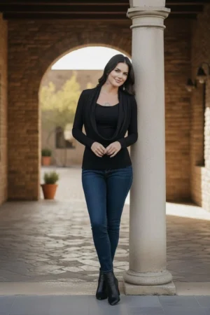Black Cowl Neck Top with Built-In Insert, Long Sleeve Fitted Design