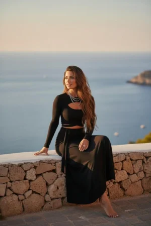 Bamboo Crop Jacket with Criss-Cross Waist Detail, Black Long Sleeve Fitted Style