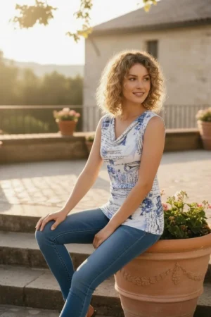 Fitted Cowl Top in White and Blue Print, Ribbed Fabric Design