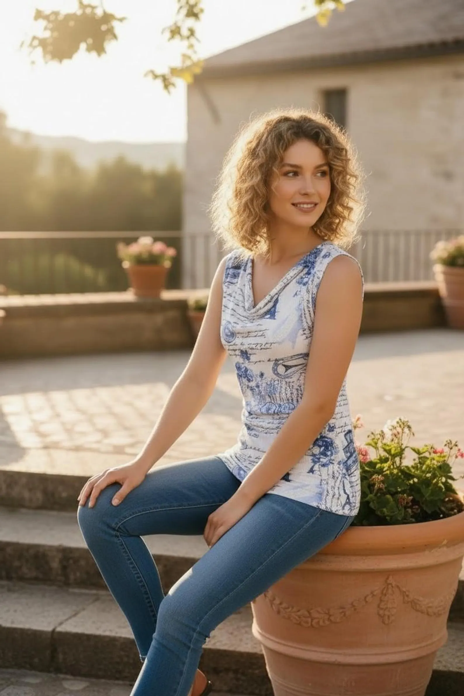 Fitted Cowl Top in White and Blue Print, Ribbed Fabric Design