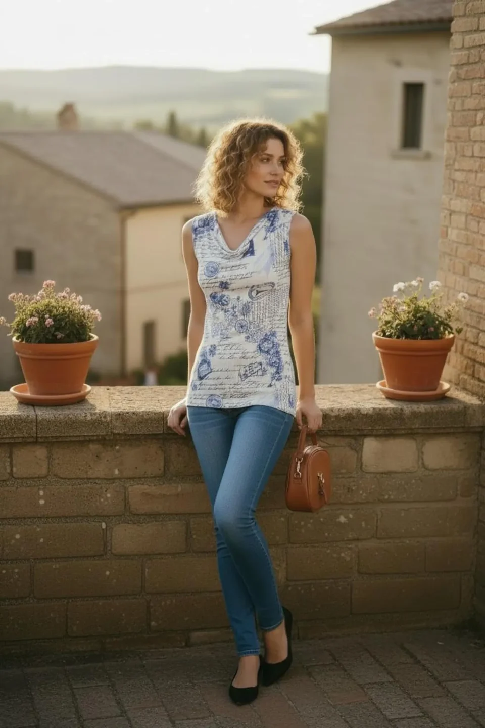 Fitted Cowl Top in White and Blue Print, Ribbed Fabric Design