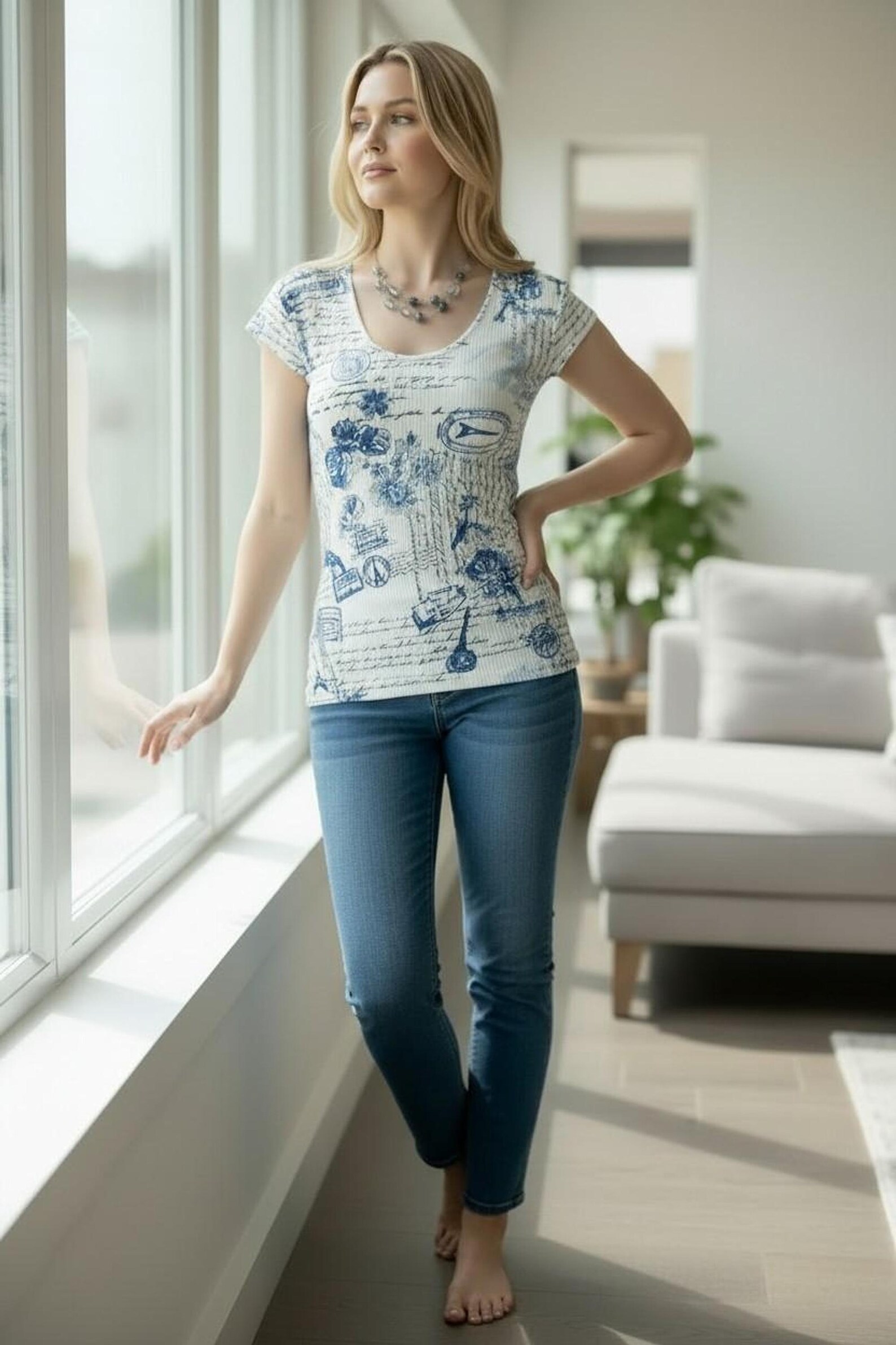 Cap Sleeve Top in White and Blue Print, Fitted Ribbed Style