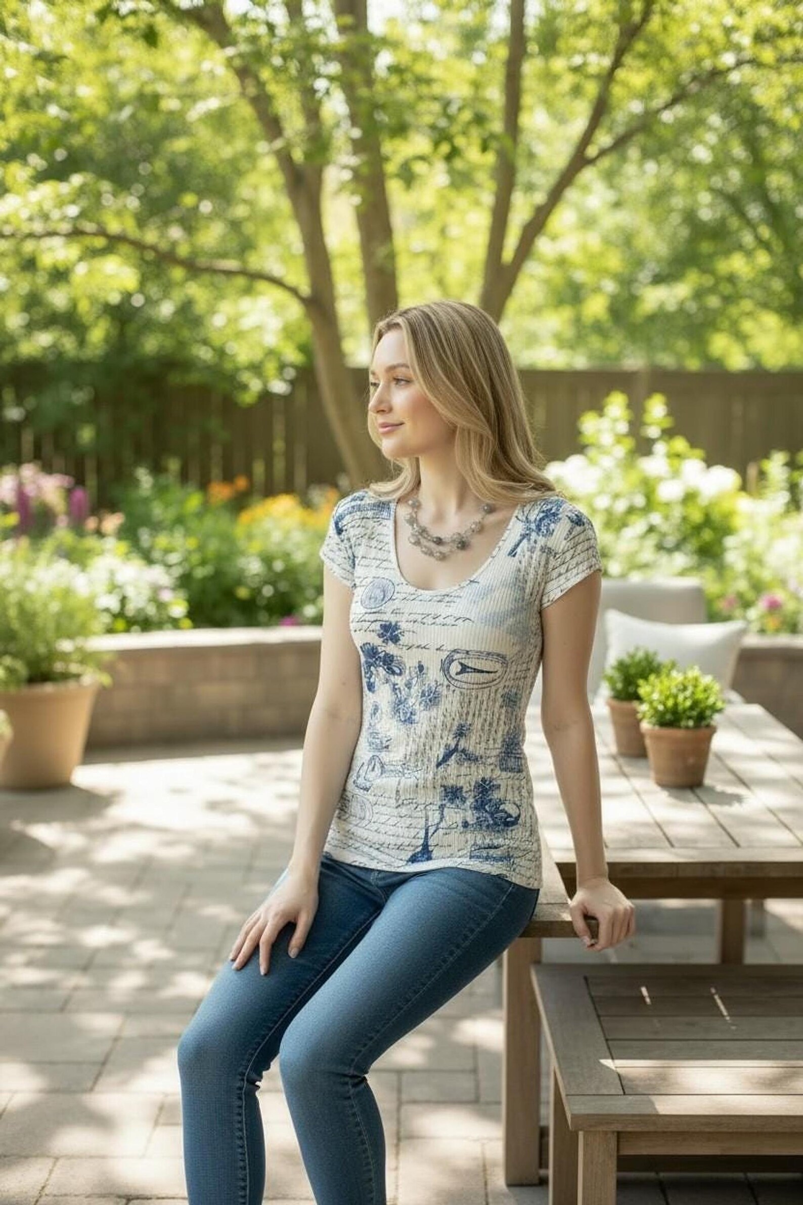 Cap Sleeve Top in White and Blue Print, Fitted Ribbed Style