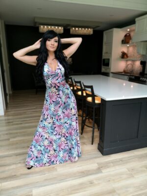 Tropical Print Dress with Criss Cross V-Neck and Empire Waist