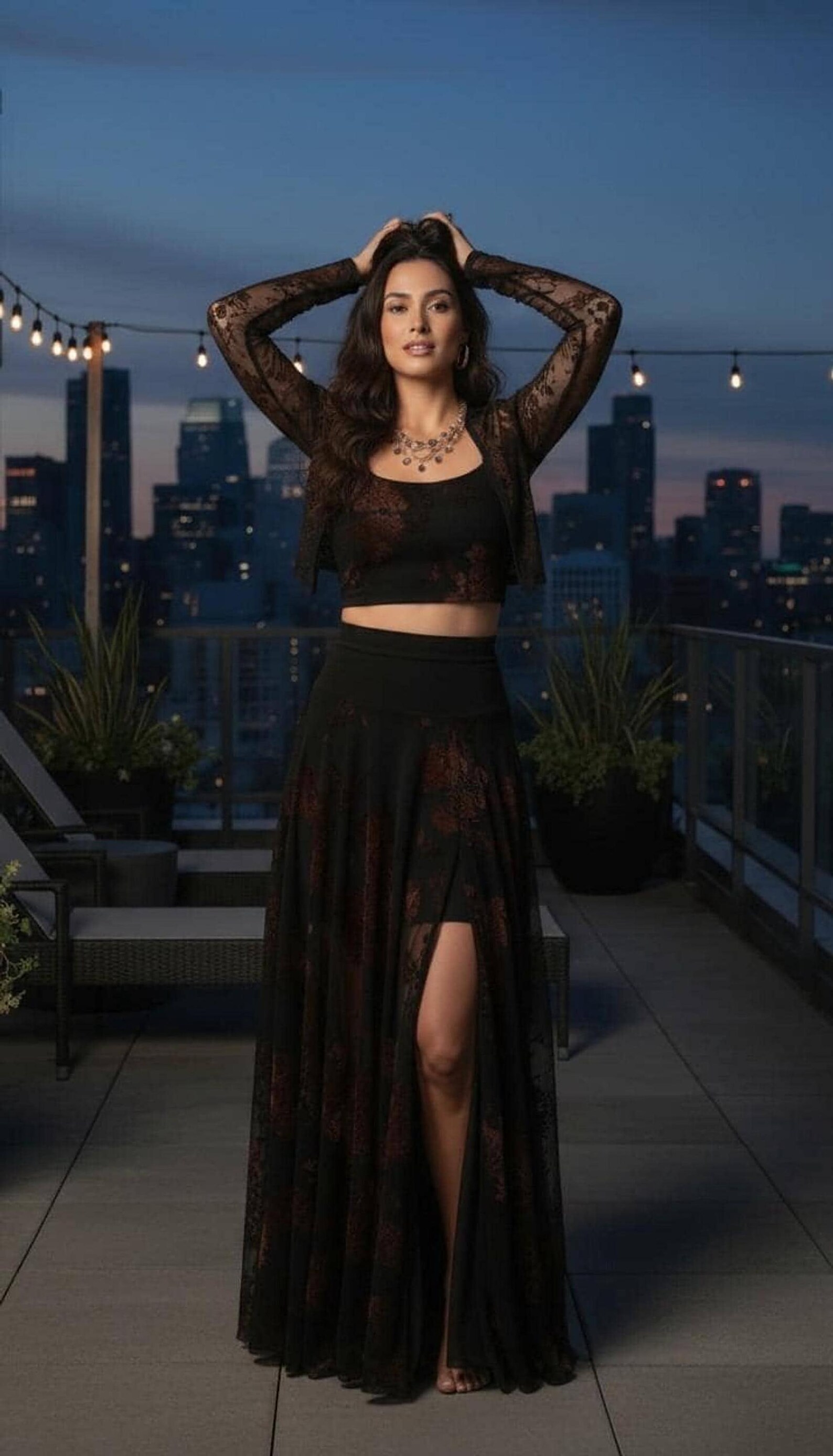 Black Mesh Maxi Skirt with Velvet Stencil and Slit Detail