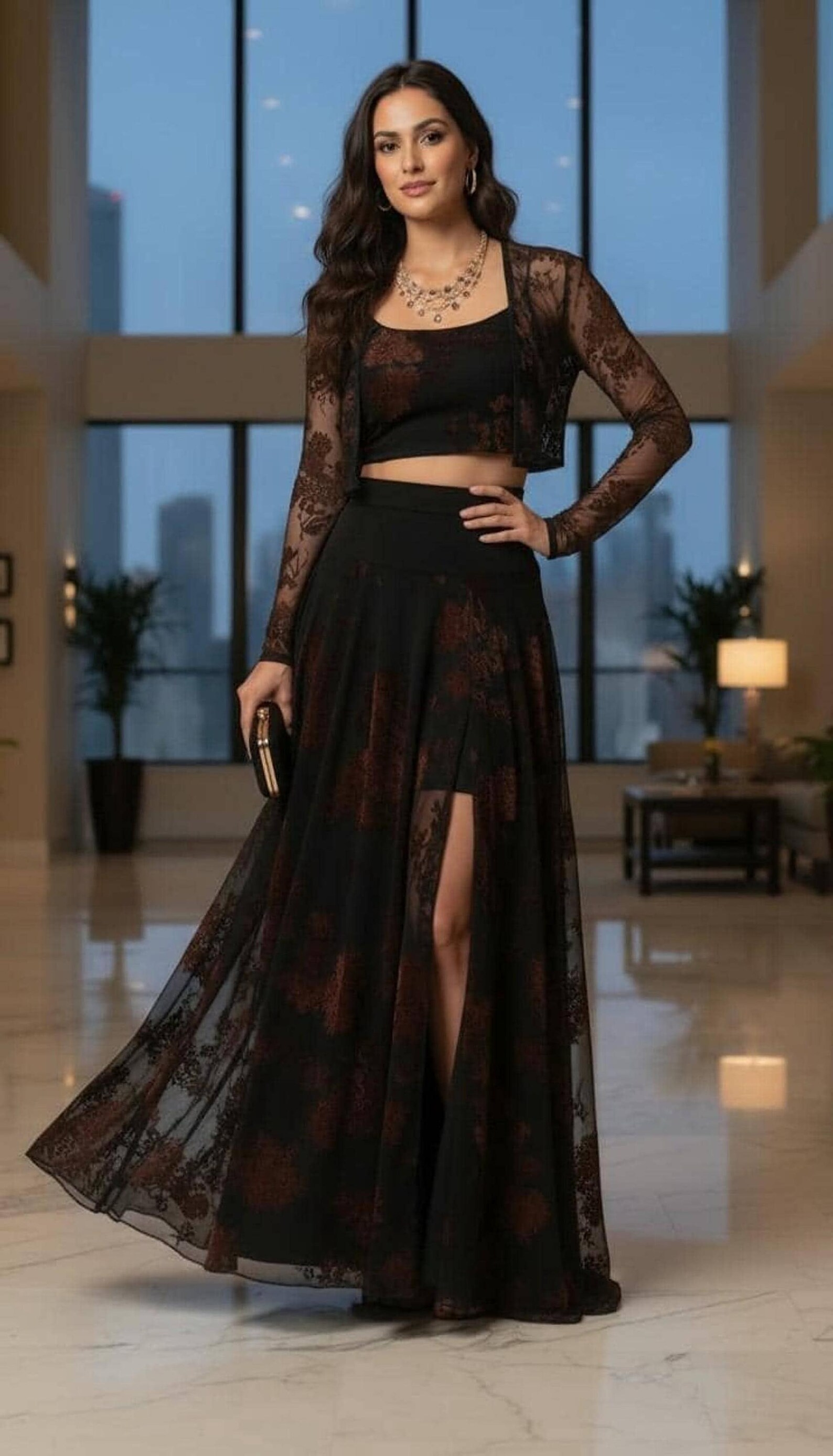 Black Mesh Maxi Skirt with Velvet Stencil and Slit Detail
