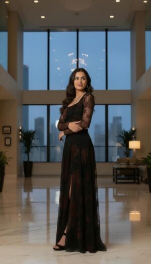 Black Mesh Maxi Skirt with Velvet Stencil and Slit Detail
