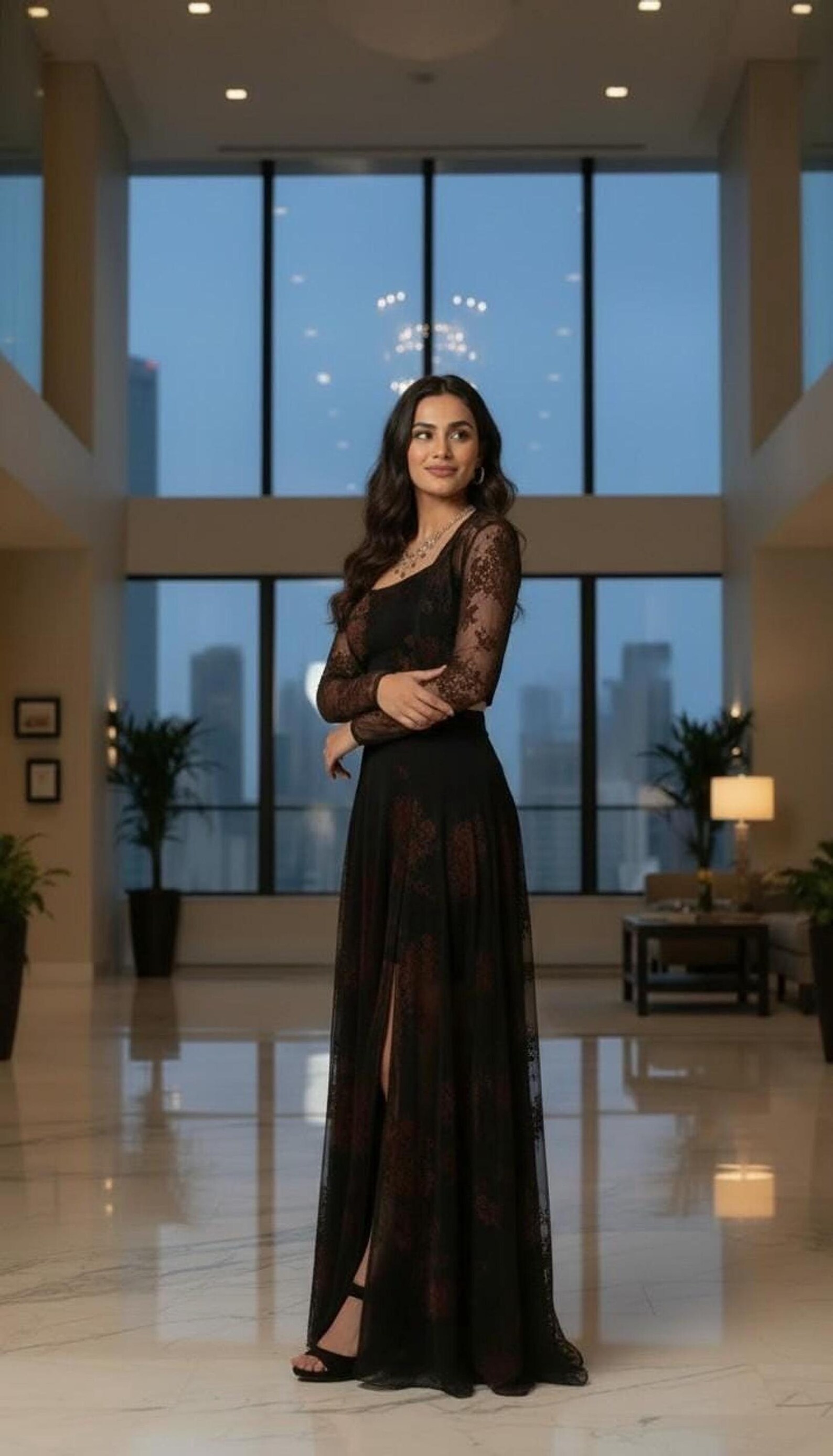 Black Mesh Maxi Skirt with Velvet Stencil and Slit Detail