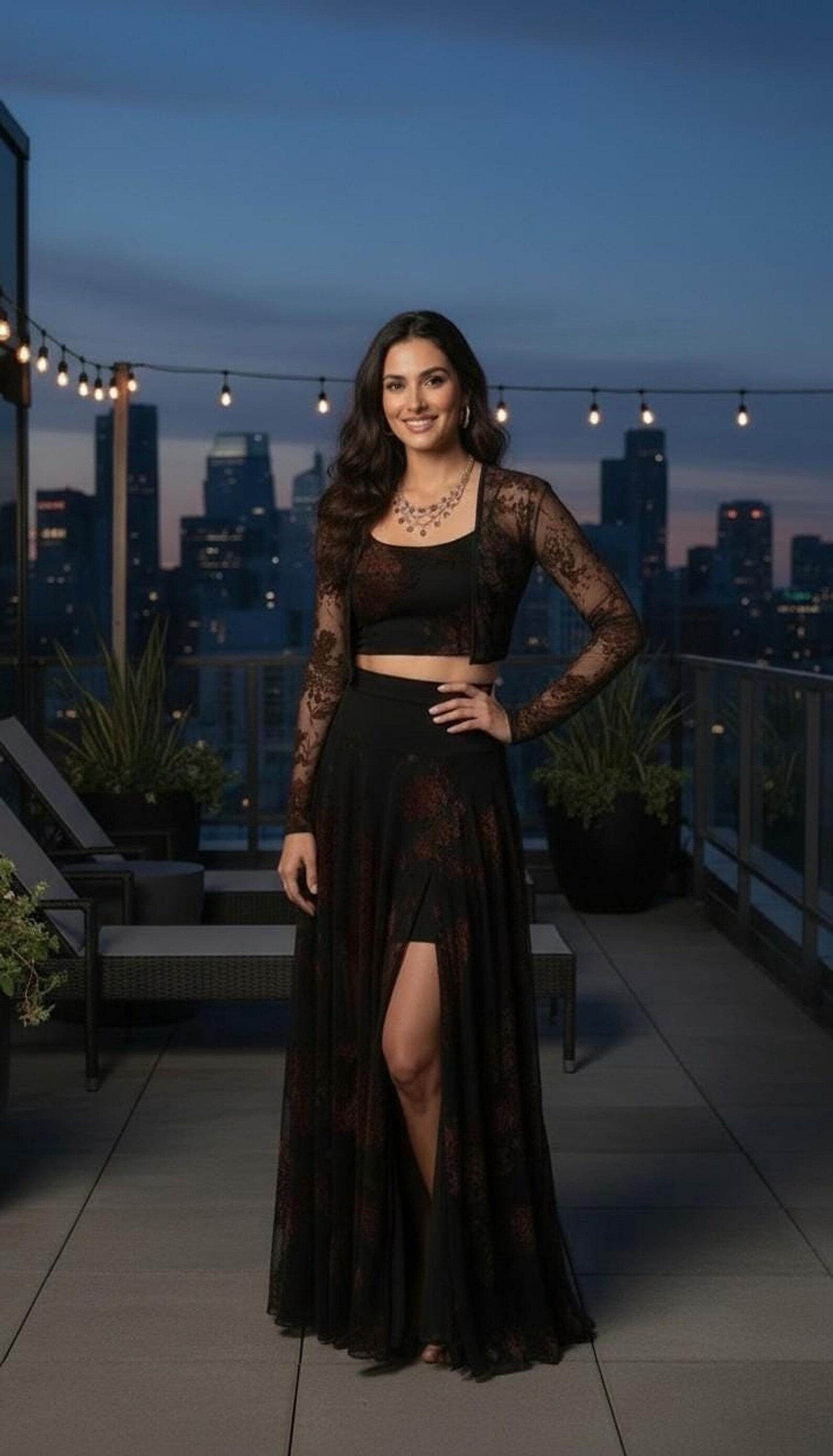 Black Mesh Maxi Skirt with Velvet Stencil and Slit Detail
