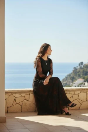 Maxi Dress with Empire Waist and Mesh Overlay in Black