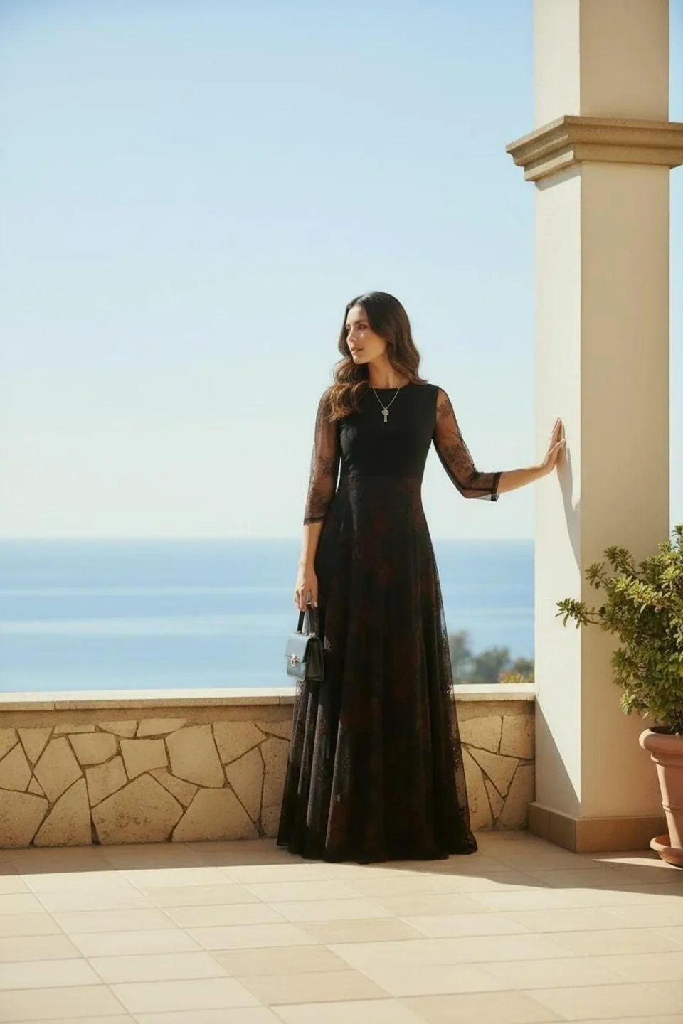 Maxi Dress with Empire Waist and Mesh Overlay in Black