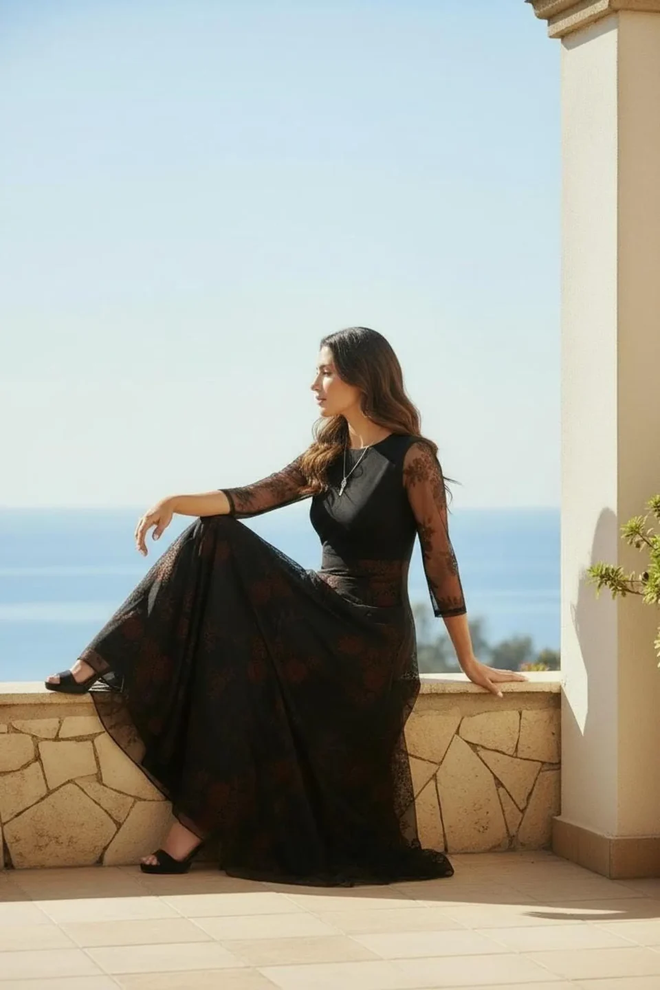 Maxi Dress with Empire Waist and Mesh Overlay in Black