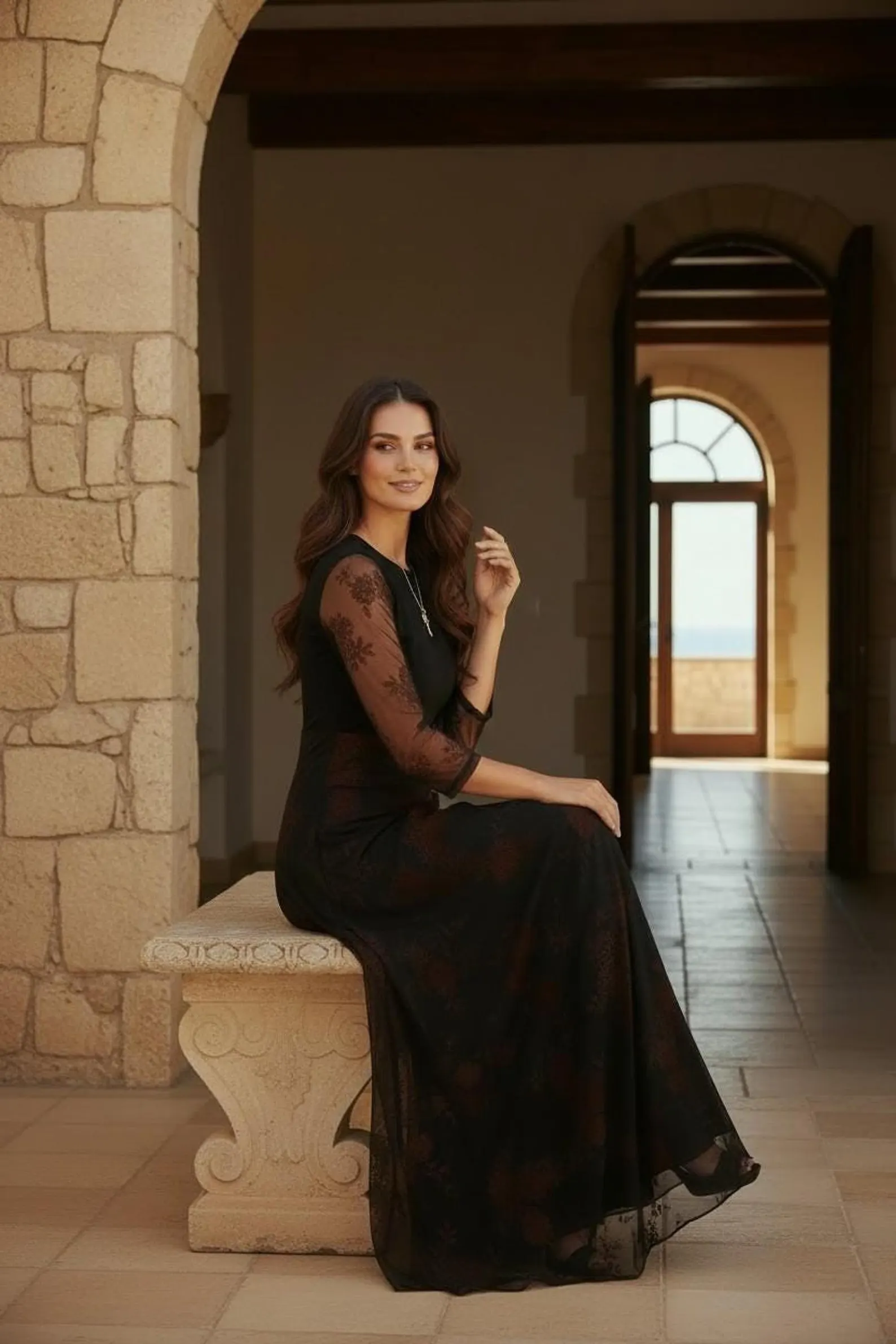 Maxi Dress with Empire Waist and Mesh Overlay in Black