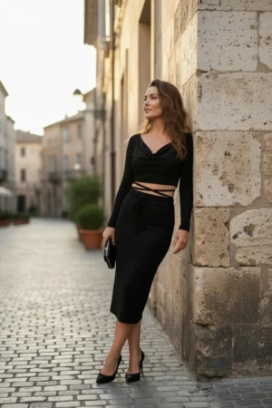 Cowl Neck Crop Top, Long Sleeve Fitted Black Top with Criss Cross Design