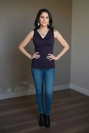 Cowl Neck Tank in Dark Purple Blue, Comfortable Fitted Top