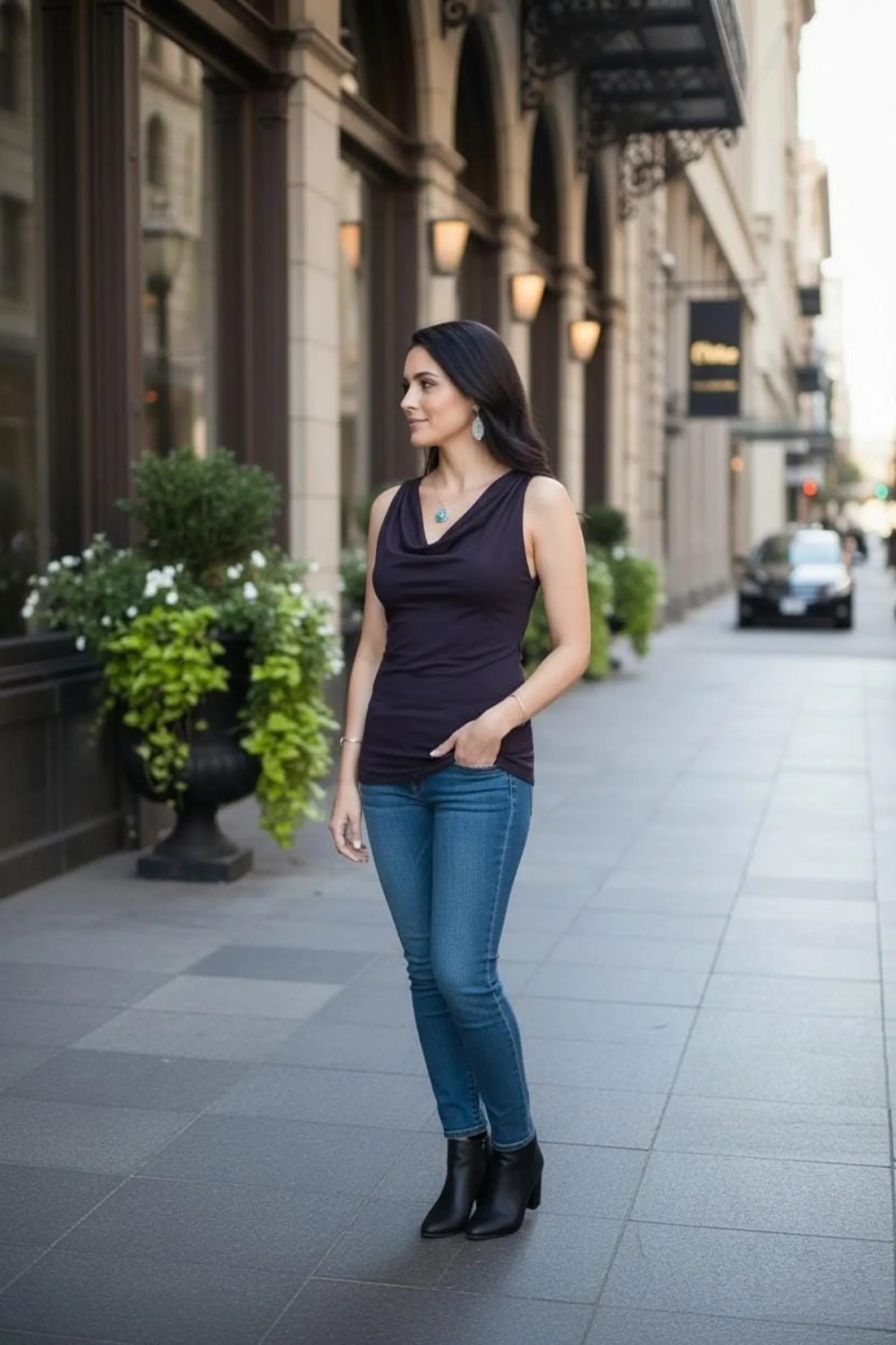 Cowl Neck Tank in Dark Purple Blue, Comfortable Fitted Top