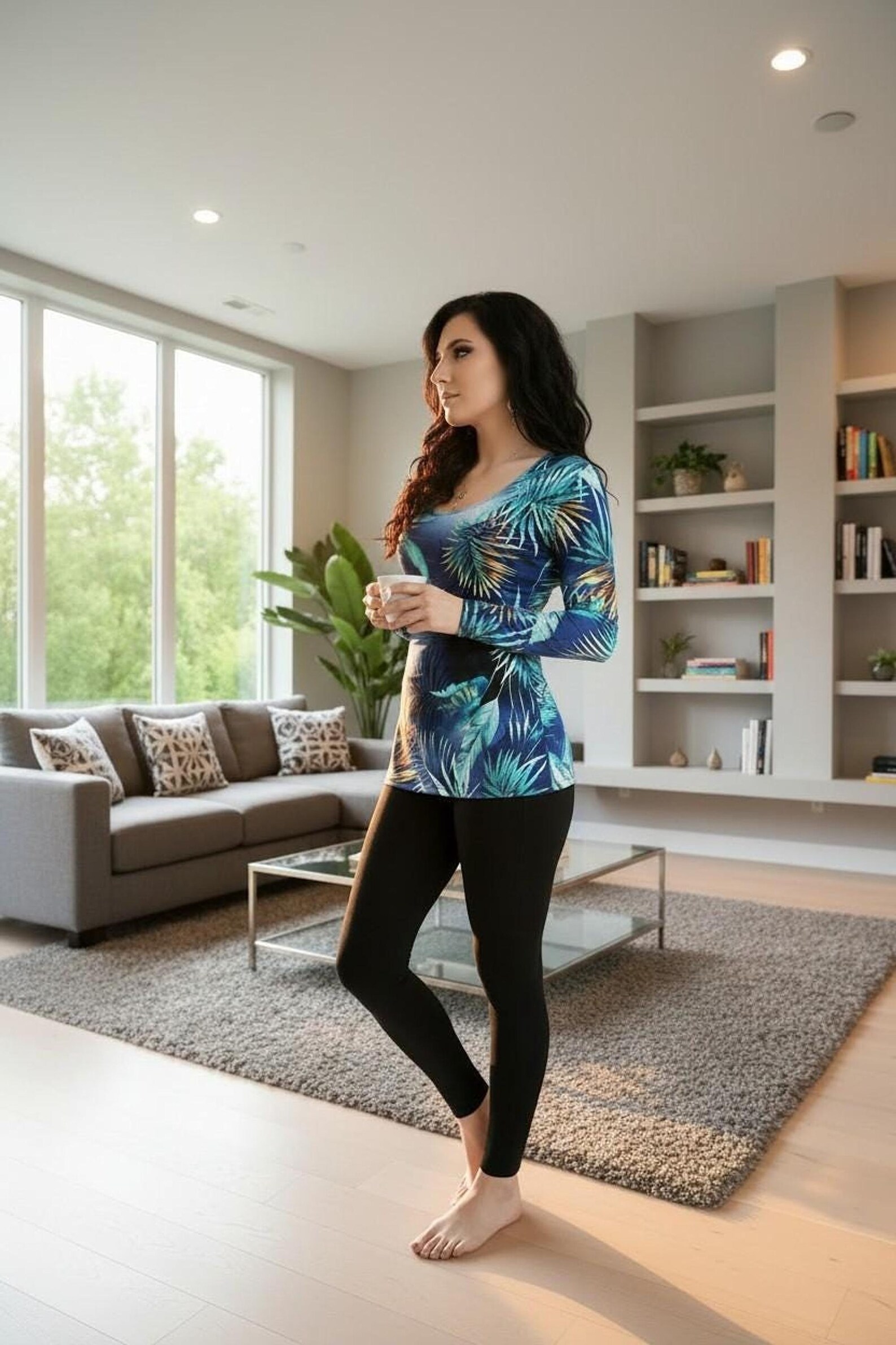 Tropical Print Fitted Long Sleeve Top in Vibrant Blue